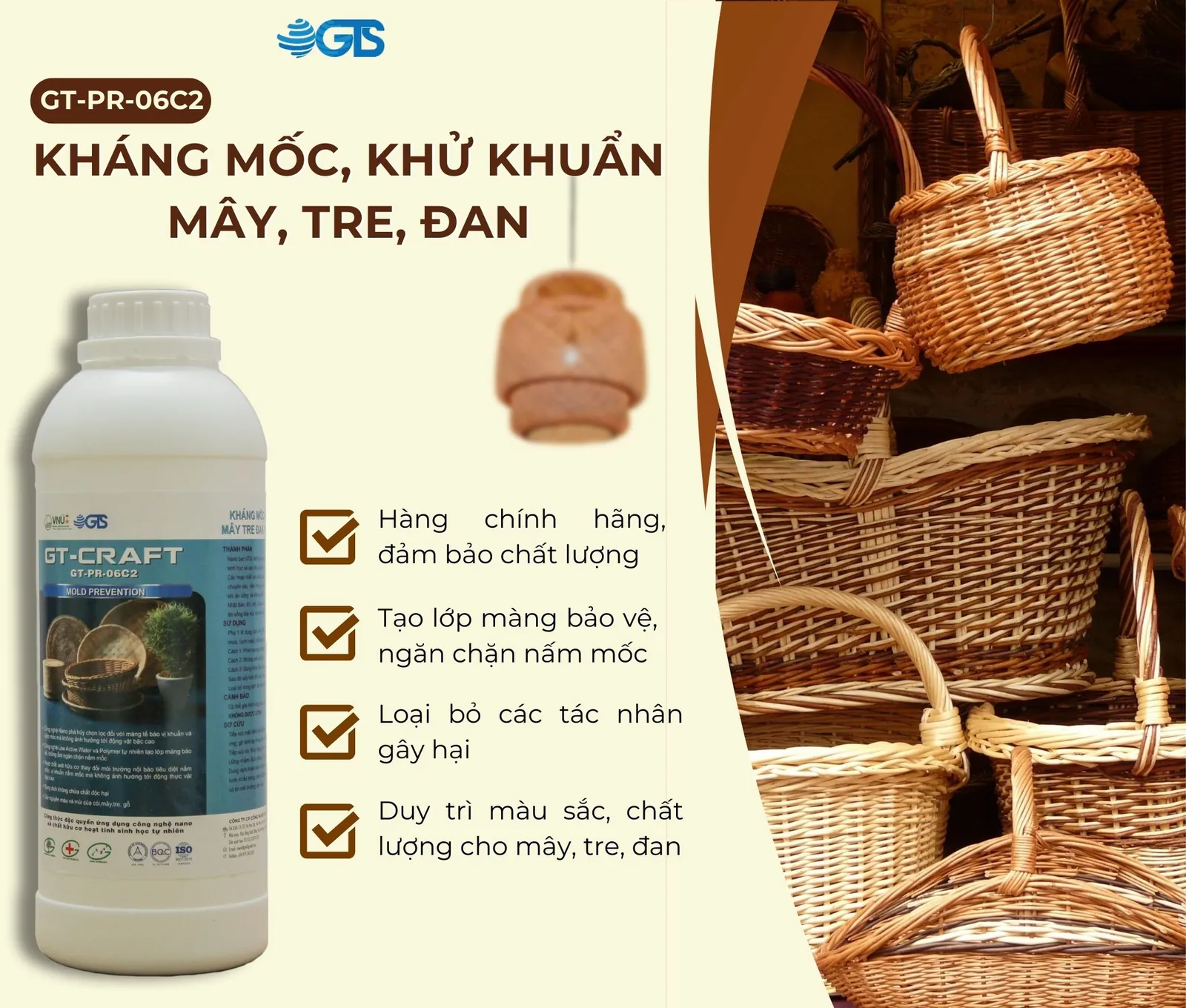 DUNG DỊCH KHÁNG MỐC, KHỬ KHUẨN CHO VẬT LIỆU MÂY,TRE,ĐAN - GT CRAFT